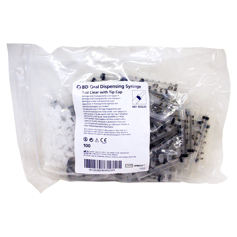 bd oral dispensing syringe 3 ml clear w/ tip cap 100 ct bag