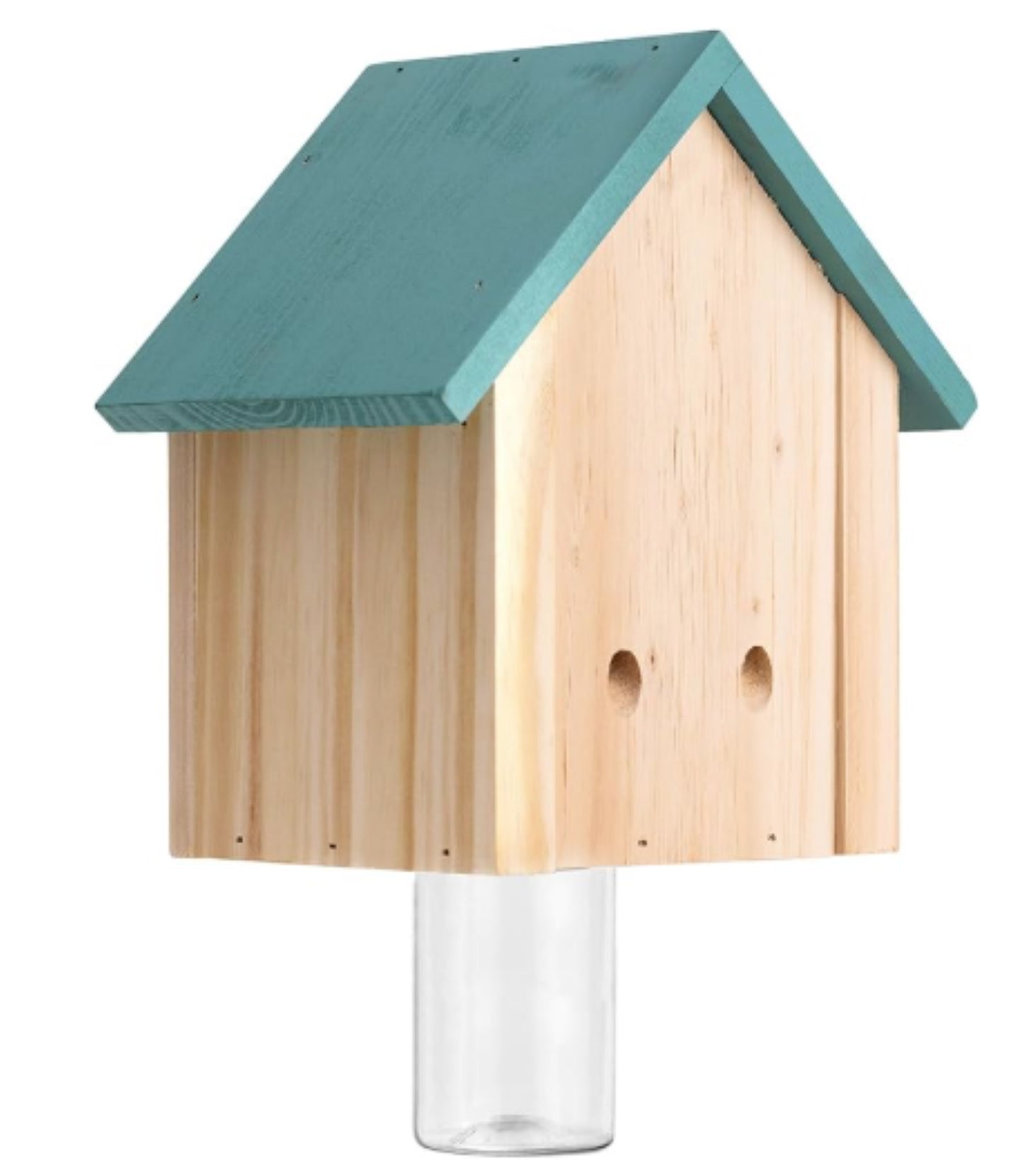 jeffers carpenter bee trap for outdoor use, natural pine wood bee catcher, reusable wooden insect trap with two mounting or hanging options and secure plastic jar for patio, garden, barn - cabin