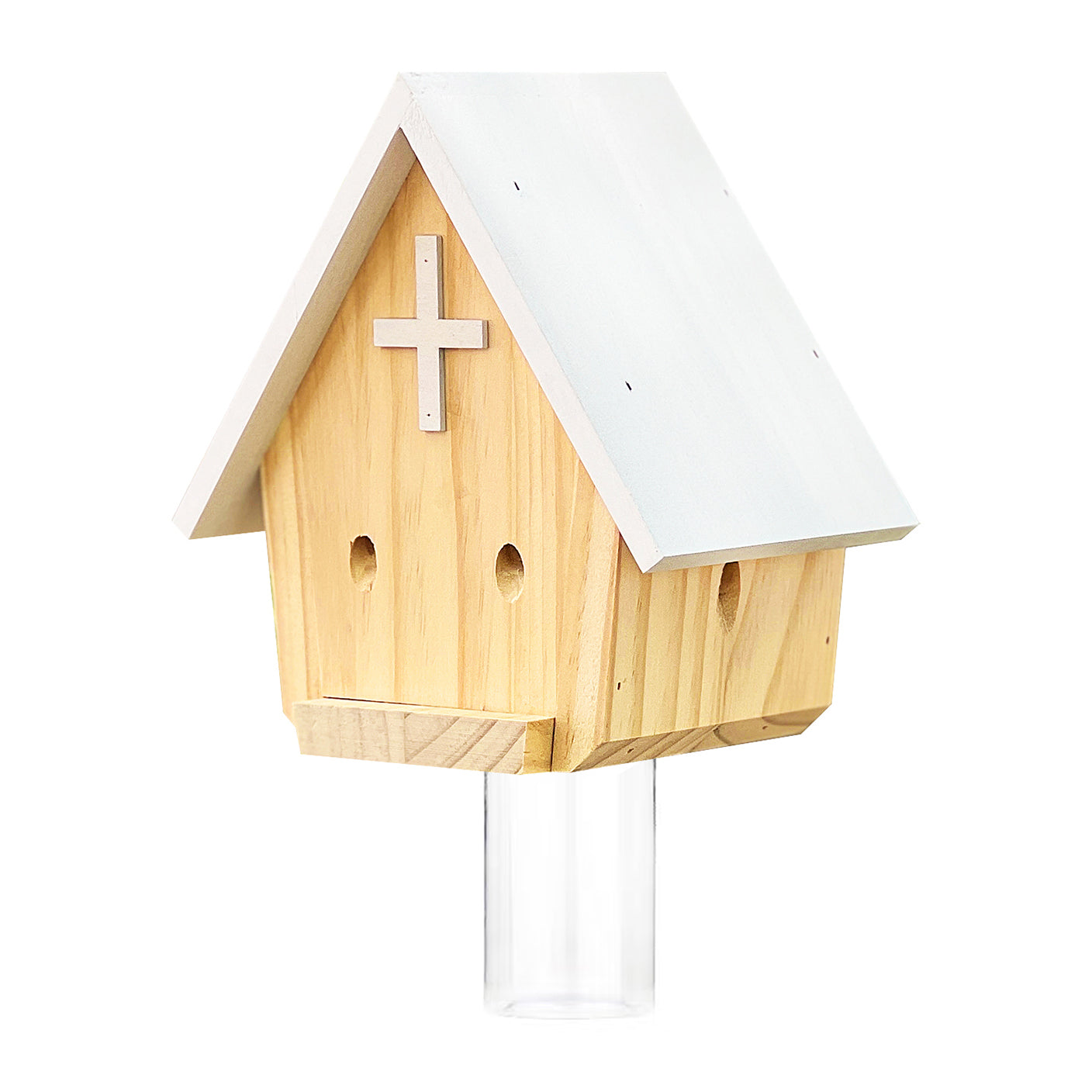 jeffers carpenter bee trap for outdoor use, natural pine wood bee catcher, reusable wooden insect trap with two mounting or hanging options and secure plastic jar for patio, garden, barn - church