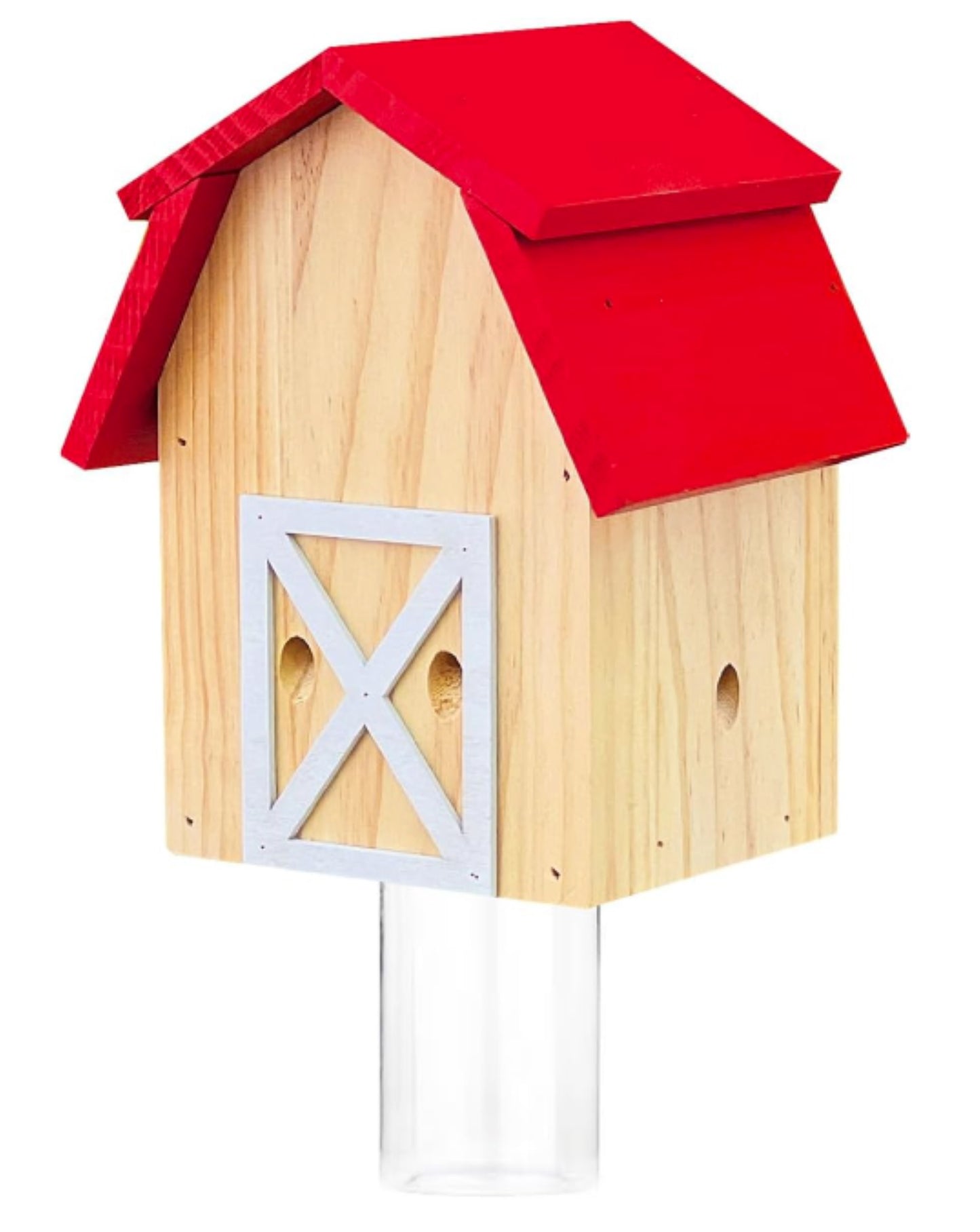 jeffers carpenter bee trap for outdoor use, natural pine wood bee catcher, reusable wooden insect trap with two mounting or hanging options and secure plastic jar for patio, garden, barn - barn style