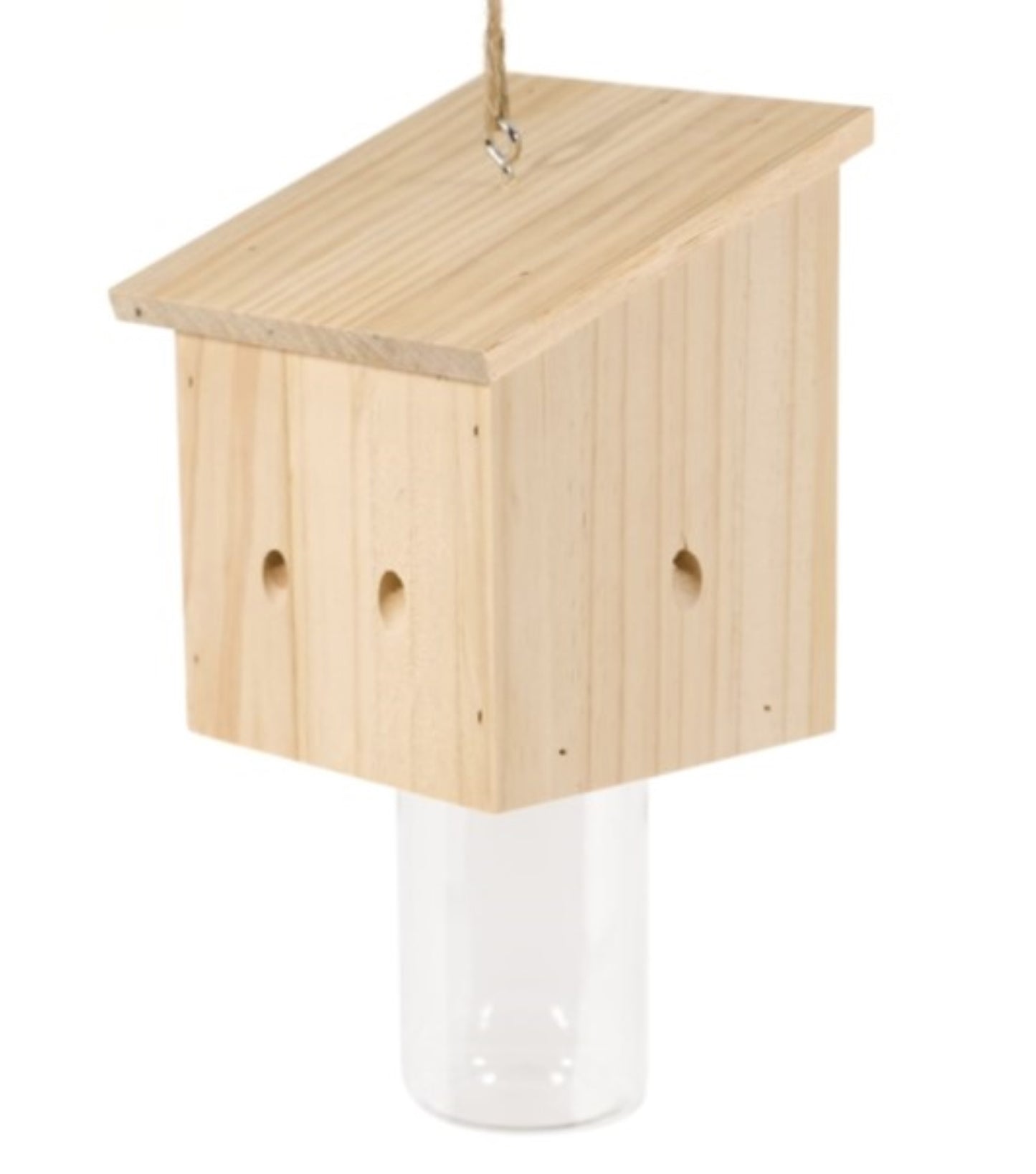 jeffers carpenter bee trap for outdoor use, natural pine wood bee catcher, reusable wooden insect trap with two mounting or hanging options and secure plastic jar for patio, garden, barn - pentroof