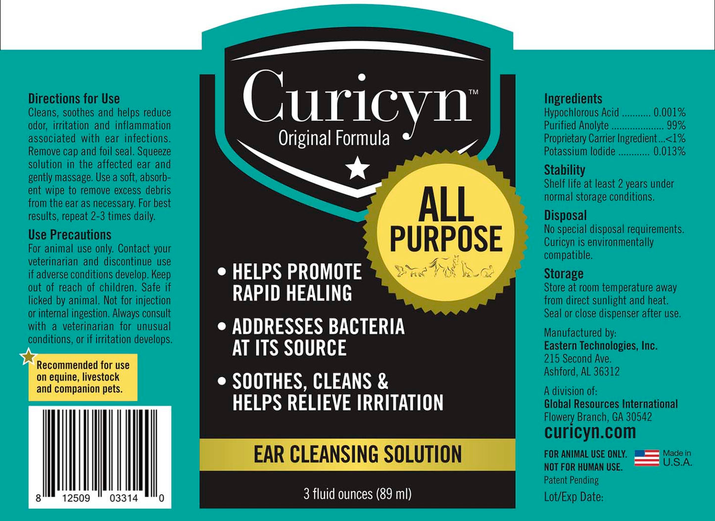 curicyn ear cleansing solution, 3 oz bottle