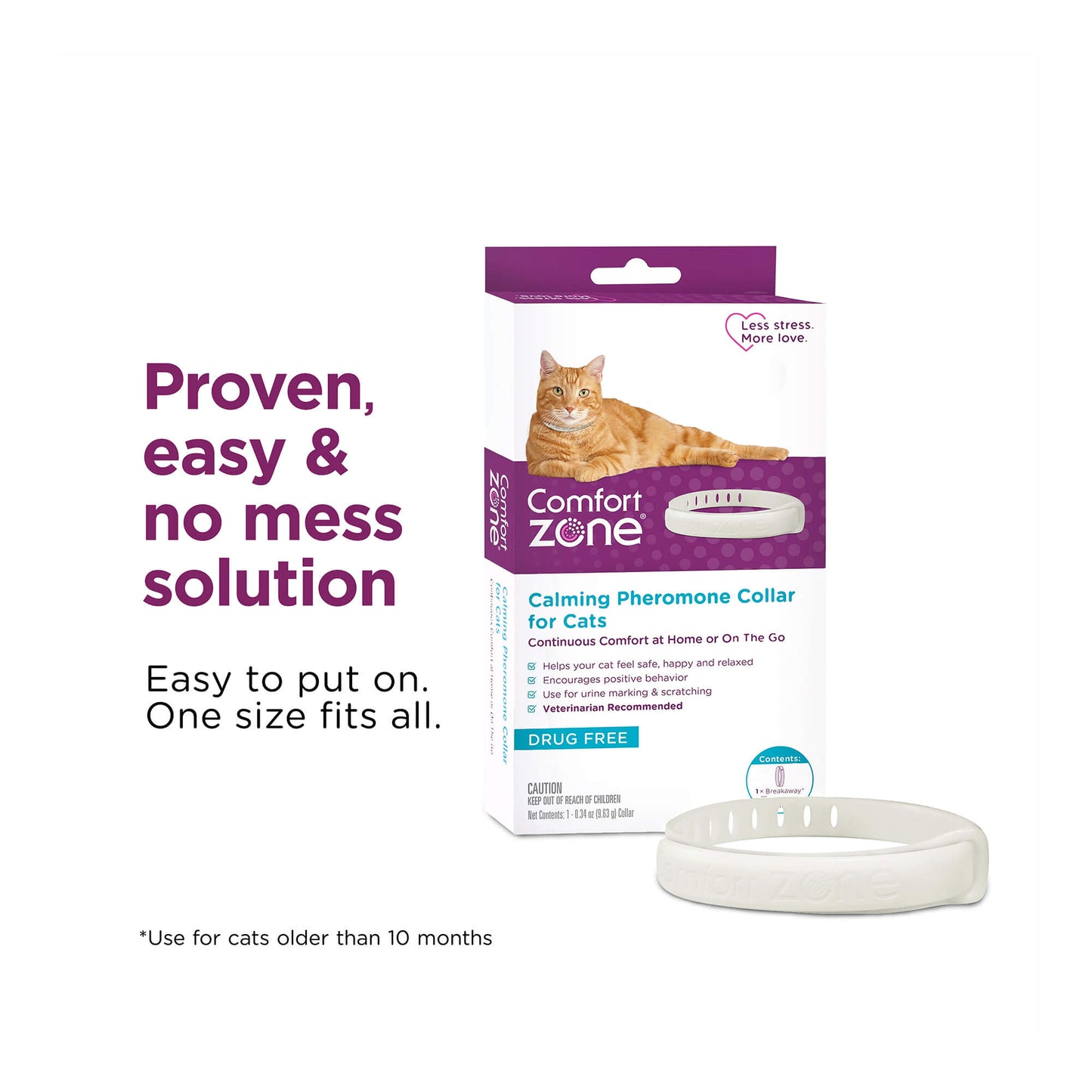 comfort zone cat calming pheromone collar, anxiety & stress relief aid, breakaway design, white, single pack