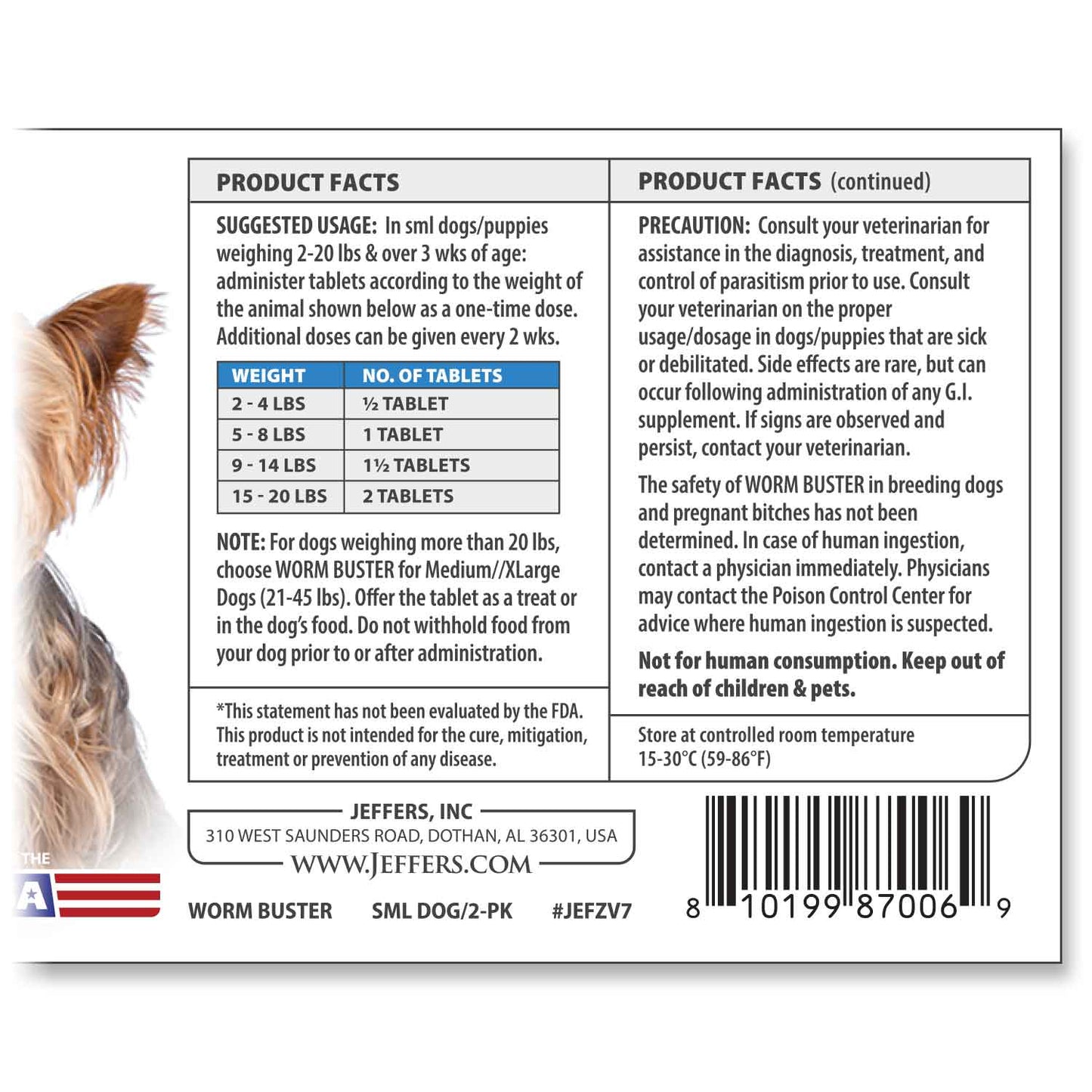 jeffers pet worm buster for dogs, 2 beef-flavored chew tablets – dog care supplement for puppies & small dogs (2–20 lbs)