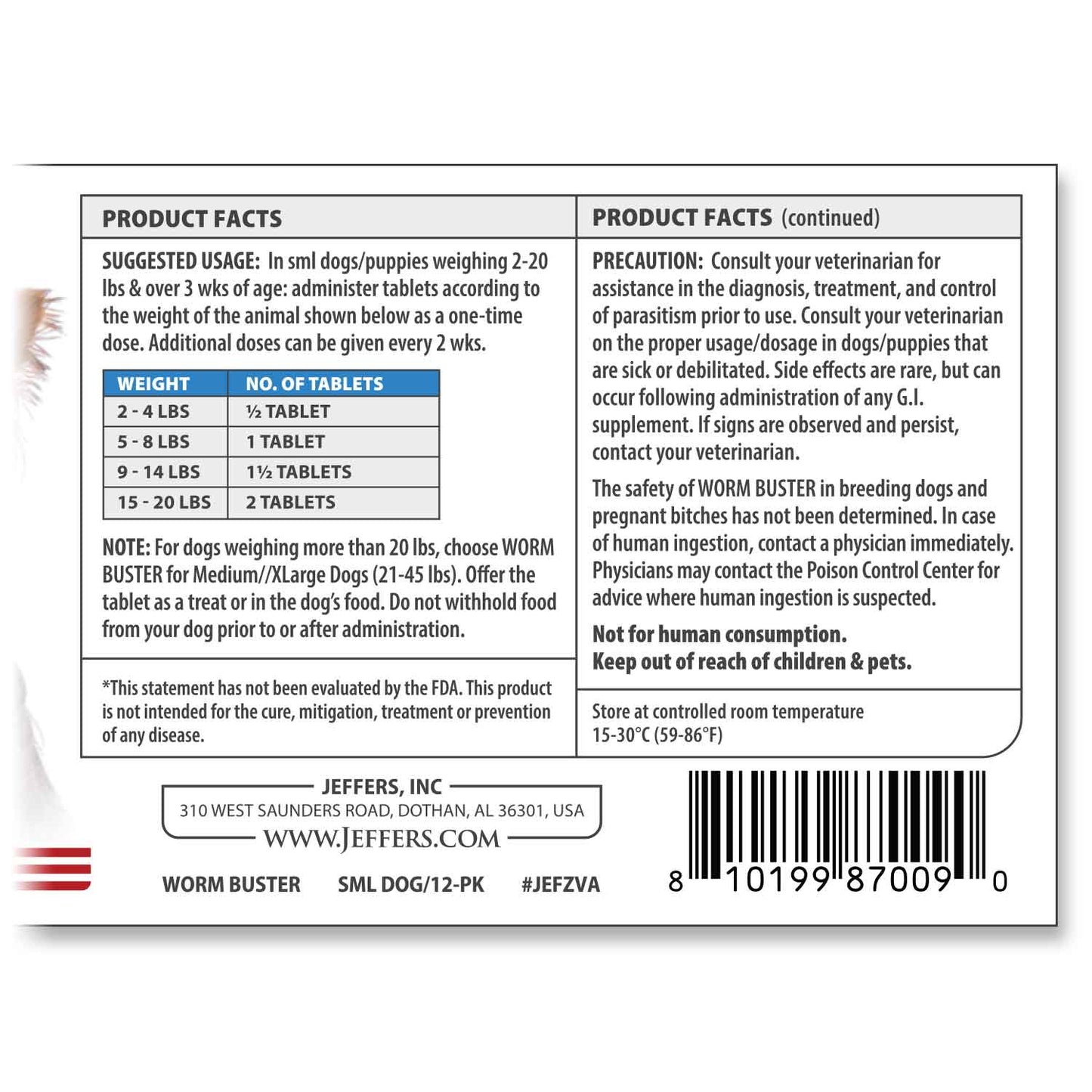 worm buster dog dewormer tablets (2-20lb), 12-count
