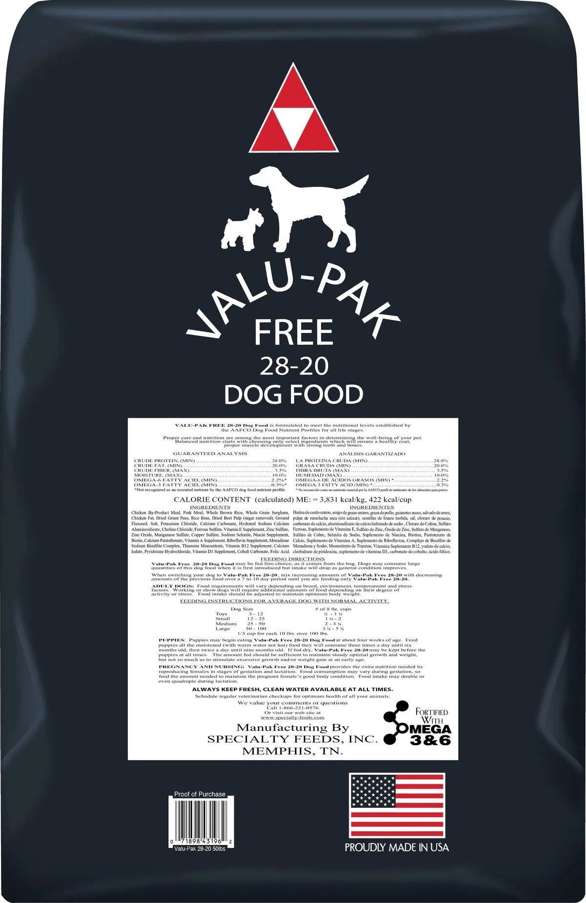 valu-pak free 28-20 dog food (black bag), 50 lb