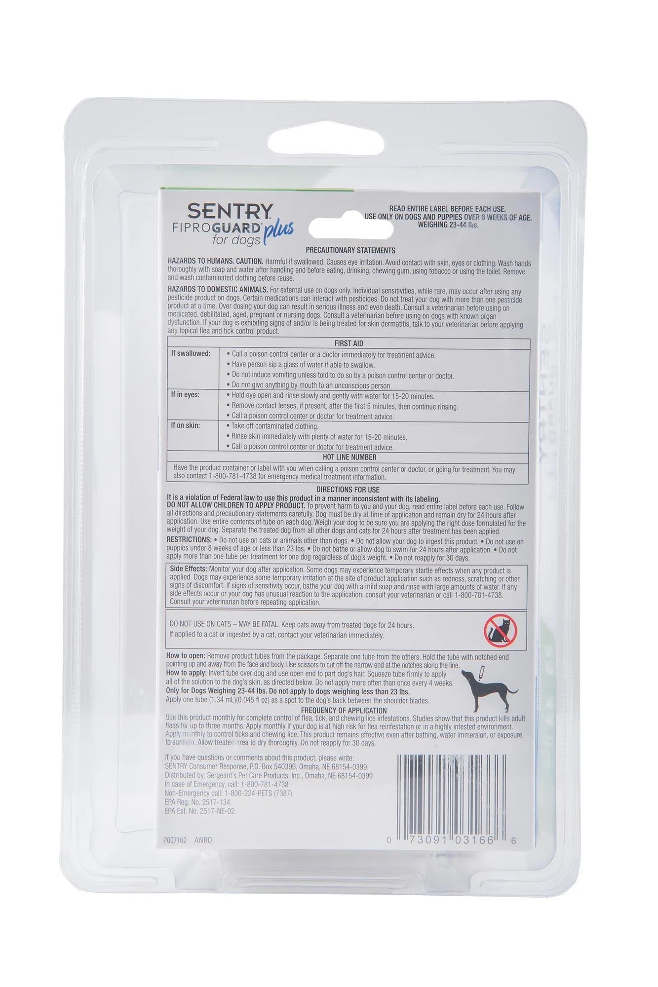 sentry fiproguard plus dog flea & tick spot-on - 23-44 lb. - 6 count