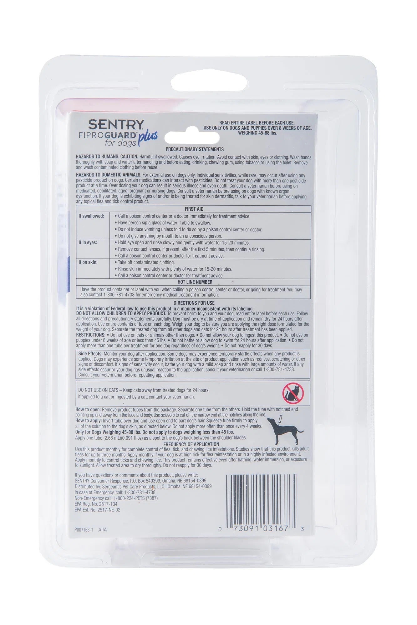 sentry fiproguard plus dog flea & tick spot-on - 45-88 lb. - 6 count