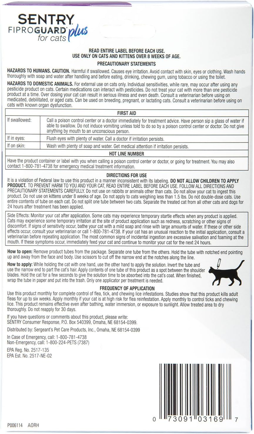 sentry fiproguard plus flea & tick spot-on cat - 6 pack