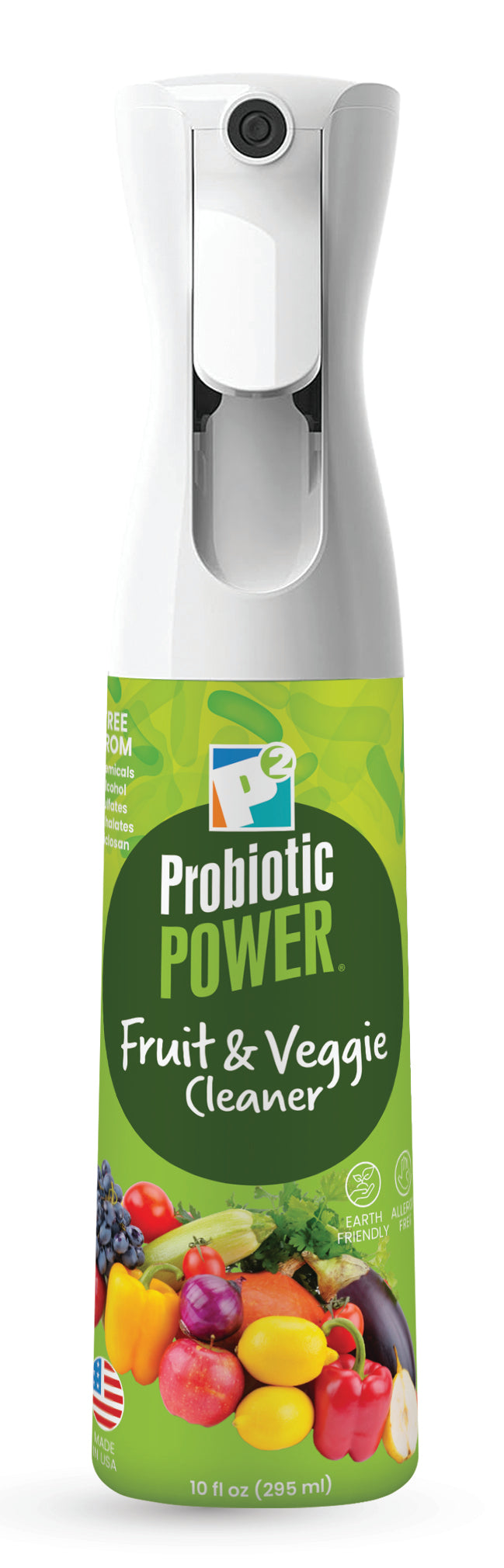 p2 probiotic power fruit & veggie cleaner spray, produce wash for fruits, vegetables, herbs & greens, probiotic enzyme & coconut based food cleaner for meal prep, kitchen use, 10 oz