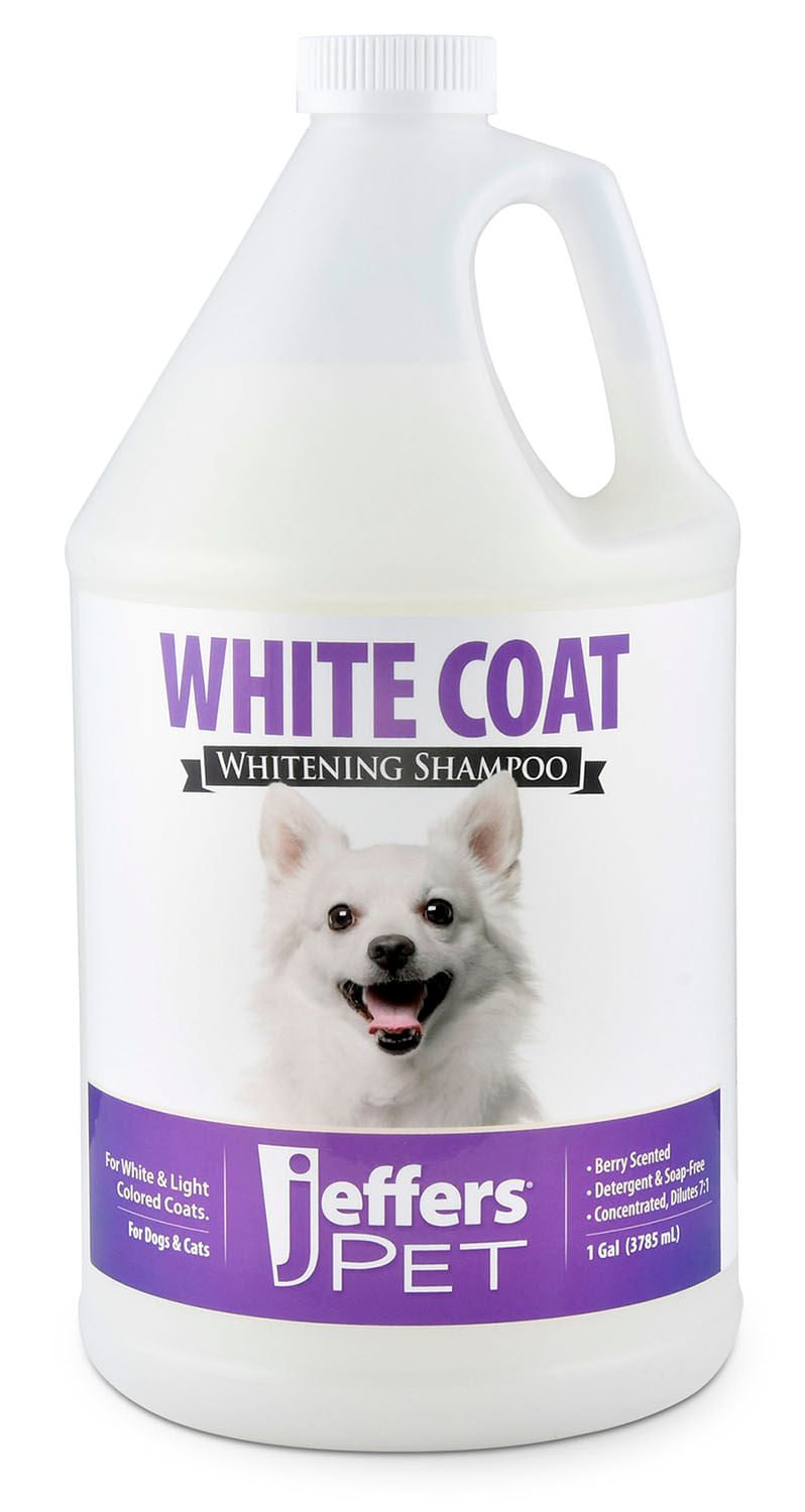 jeffers pet white coat shampoo for dogs & cats, 128 oz - soap free coconut cleanser w/ vitamins a d e & glycerin, deodorizing berry scent grooming shampoo, concentrated bleach free formula, usa made