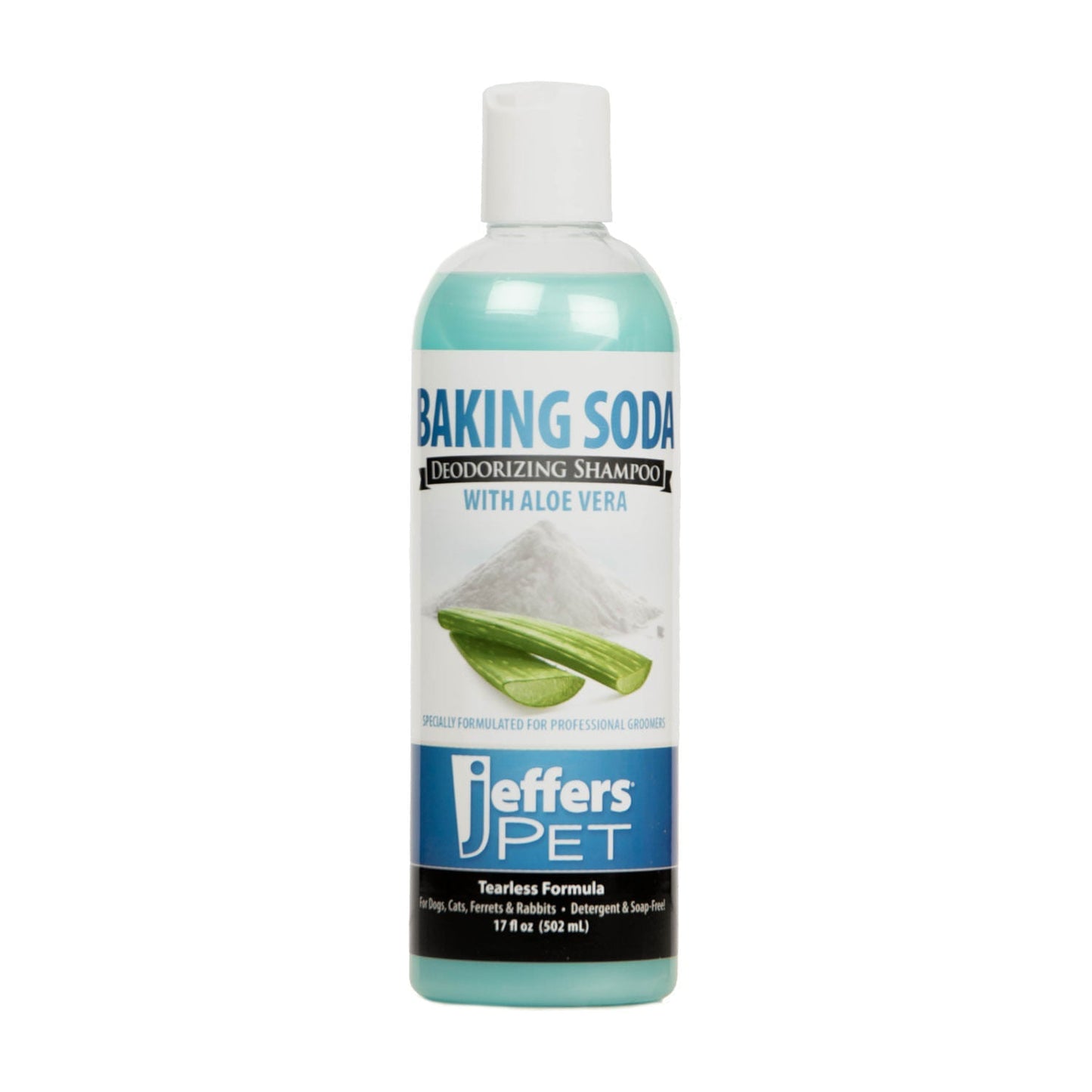 jeffers pet tearless shampoo baking soda deodorizing w/ aloe vera, 17 oz - gentle soap free dog & cat cleanser, coat cleaning, odor grooming control, moisturizing pet bath formula, baby powder scent
