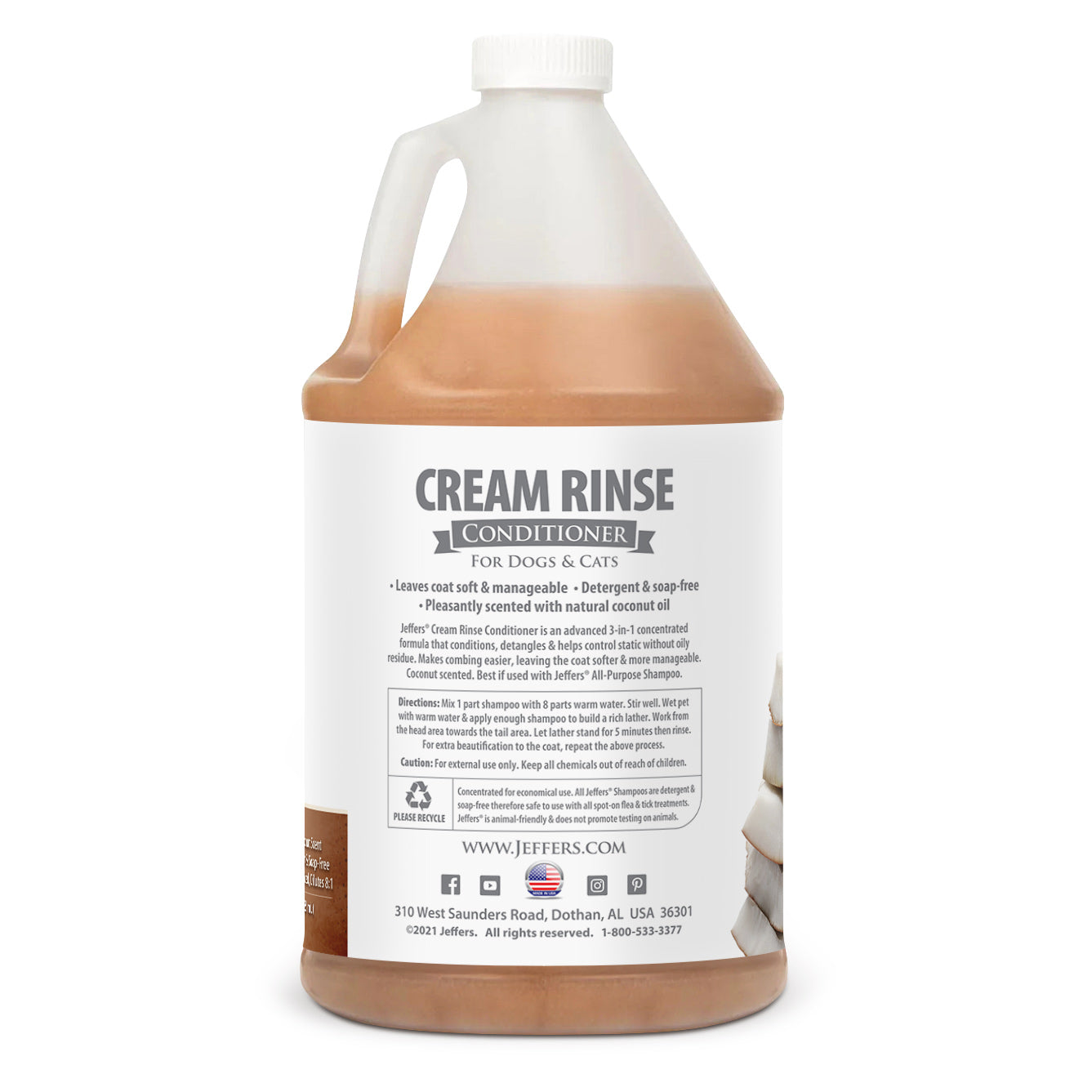 jeffers pet cream rinse 3in1 conditioner, 128 oz – moisturizing & detangling formula for dogs & cats, light coconut scent, soap & detergent free, safe professional grooming pet coat care