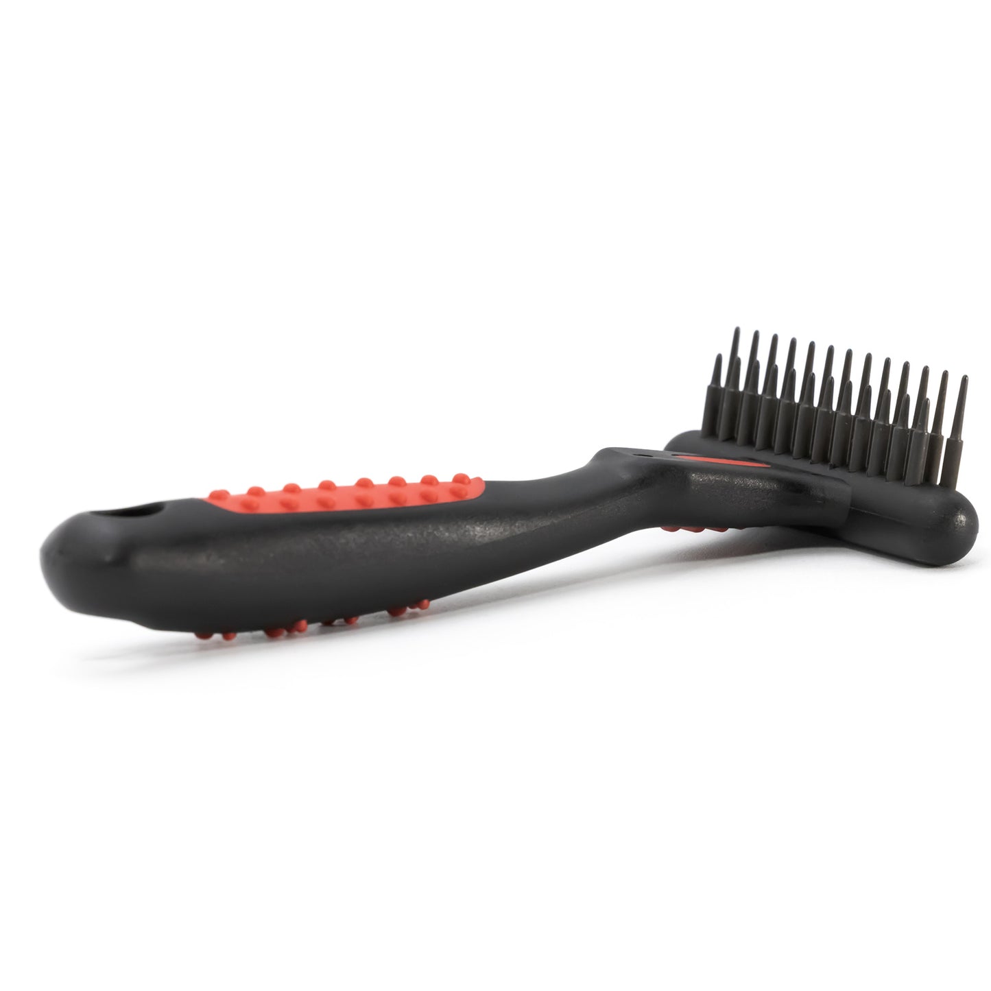 jeffers pet non-slip undercoat rake, 13 short pins – double row stainless steel pins, safe grooming tool for dogs & cats, removes loose hair & tangles, shedding brush, home use, red & black