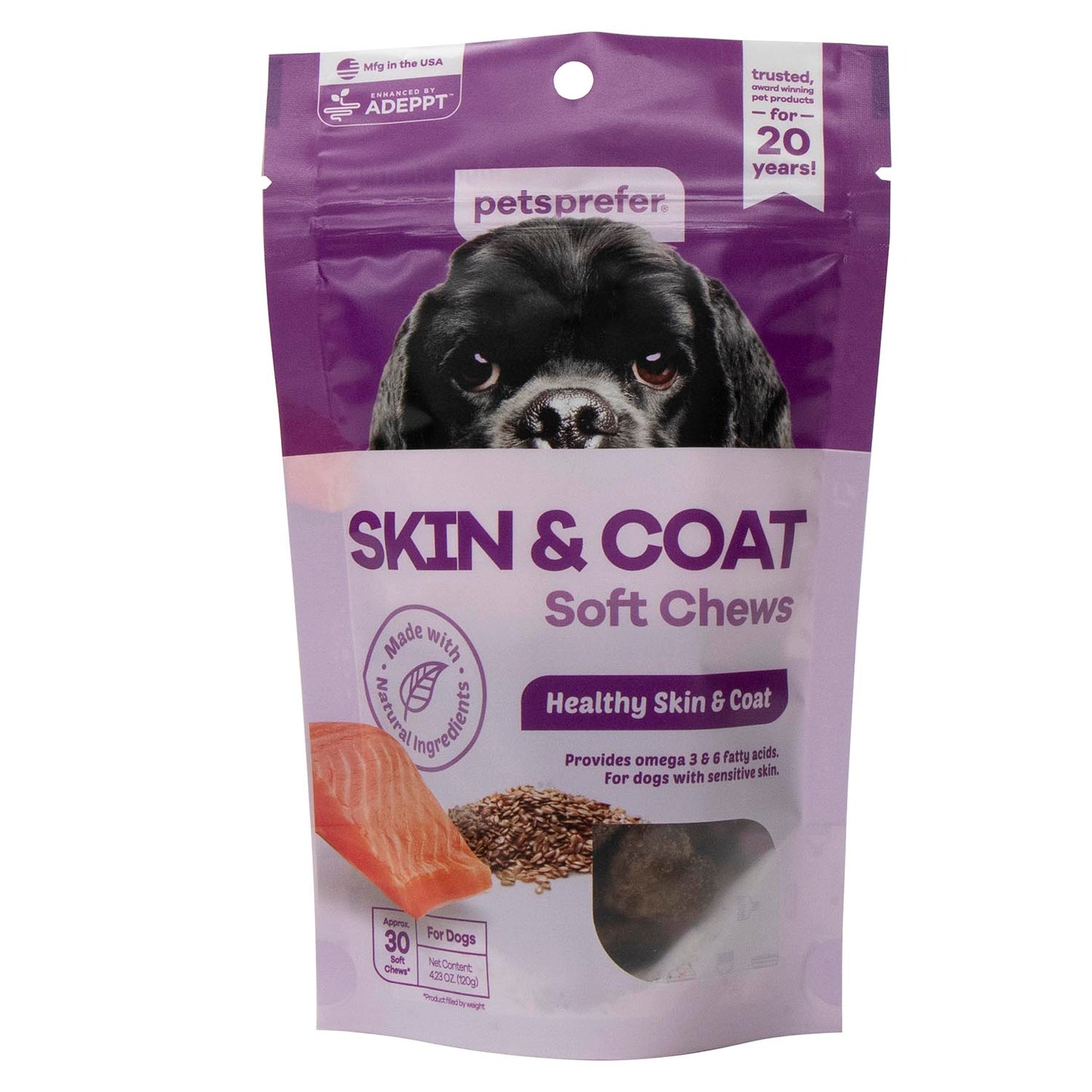 petsprefer skin & coat soft chews w/ adeppt, 30 ct