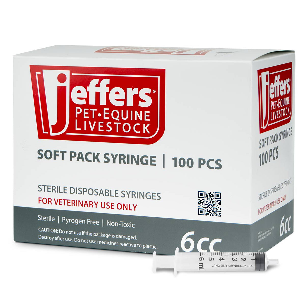 jeffers luer slip syringes, box of 100, plastic veterinary syringes w/ reinforced tip for dogs, cats, horses, livestock, & poultry, large finger grips, rubber plunger, autoclavable, no needles, 1ml