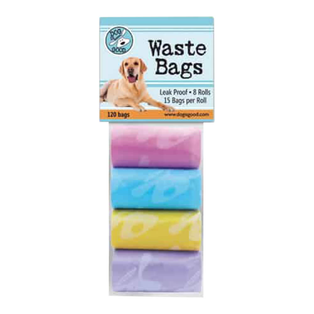 dog is good pet waste bags pastels, 8 roll pack