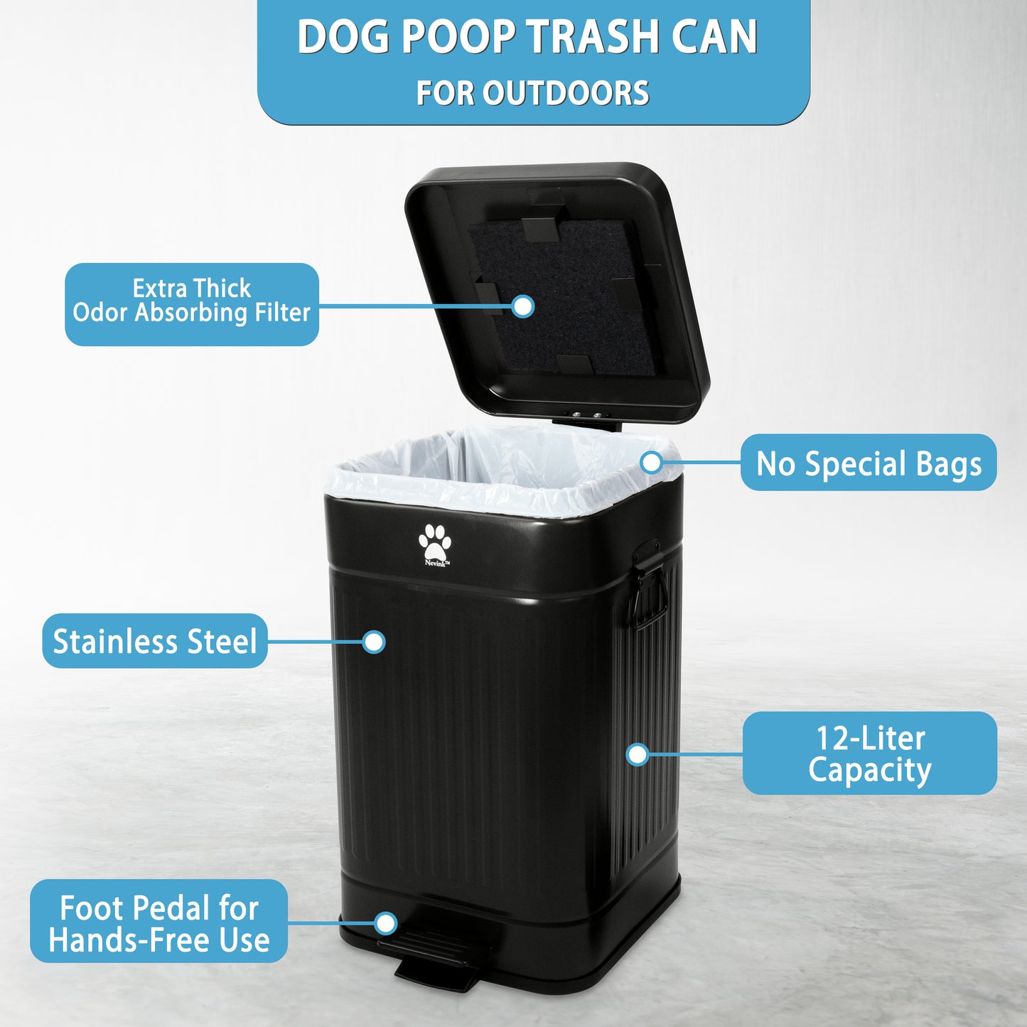 nevink dog poop trash can for outdoors 12 liter, black