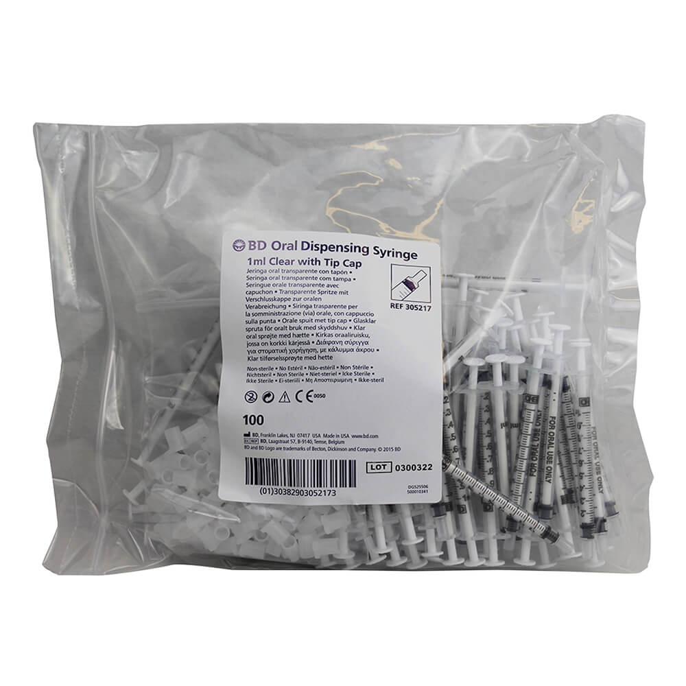 bd oral dispensing syringe  1 ml clear w/ tip cap  100 ct