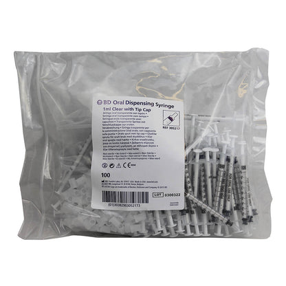 BD Oral Dispensing Syringe  1 ml Clear w/ Tip Cap  100 ct