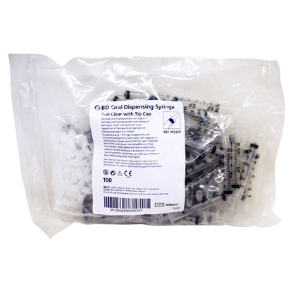 BD Oral Dispensing Syringe  3 ml Clear w/ Tip Cap  100 ct bag