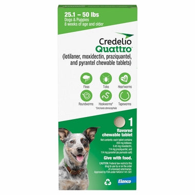 rx credelio quattro chewable tablets for dogs, 25.1-50lbs 1 chewable