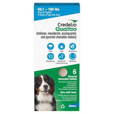 rx credelio quattro chewable tablets for dogs, 50.1-100lbs 6 chewable tabs