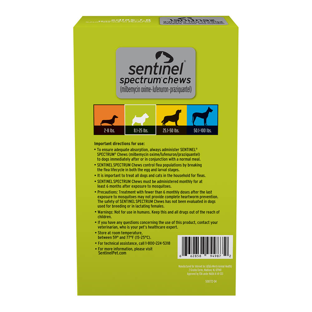 rx sentinel spectrum 8-25lbs (green) x 6 tablets
