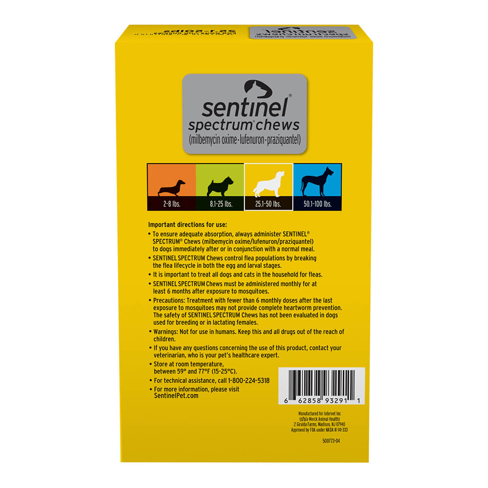 rx sentinel spectrum 26-50lbs (yellow) x 6 tablets
