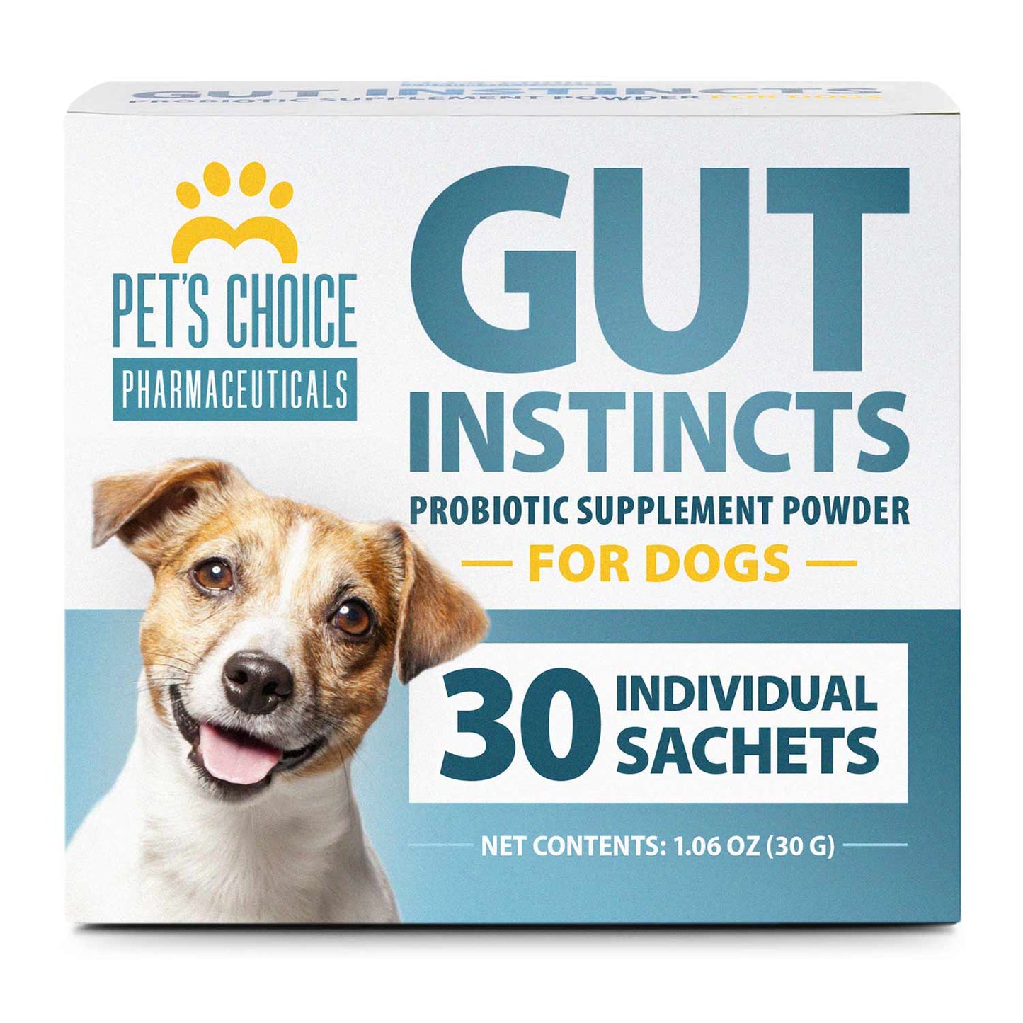 pet's choice gut instincts probiotic supplement powder packets for dogs, 30 ct, veterinary formulated dog probiotics with vitamins for gut health, digestive balance, diarrhea support, chicken flavor