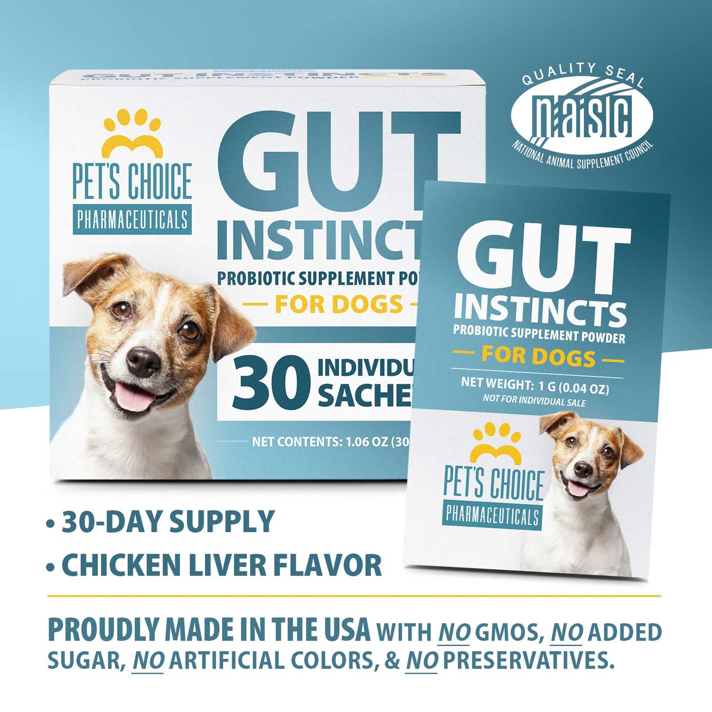 pet's choice gut instincts probiotic supplement powder packets for dogs, 30 ct, veterinary formulated dog probiotics with vitamins for gut health, digestive balance, diarrhea support, chicken flavor