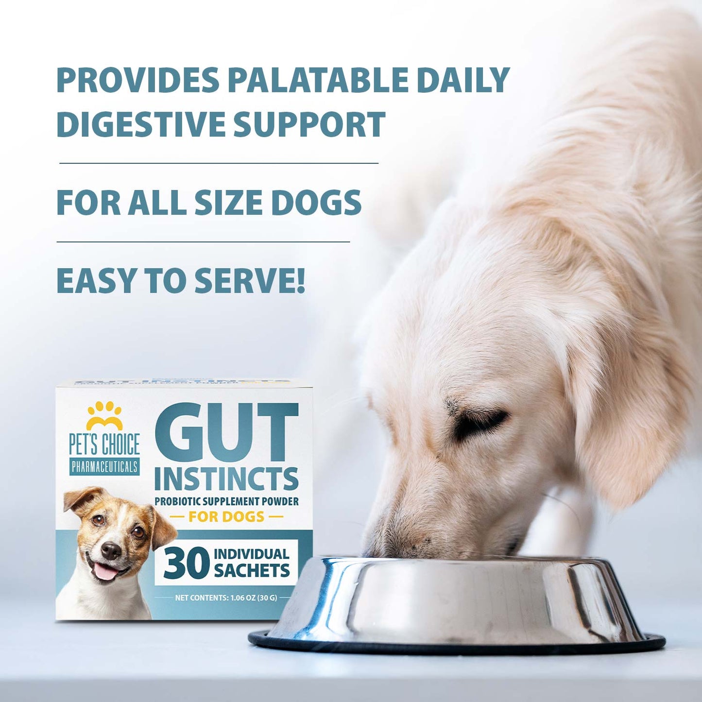 pet's choice gut instincts probiotic supplement powder packets for dogs, 30 ct, veterinary formulated dog probiotics with vitamins for gut health, digestive balance, diarrhea support, chicken flavor