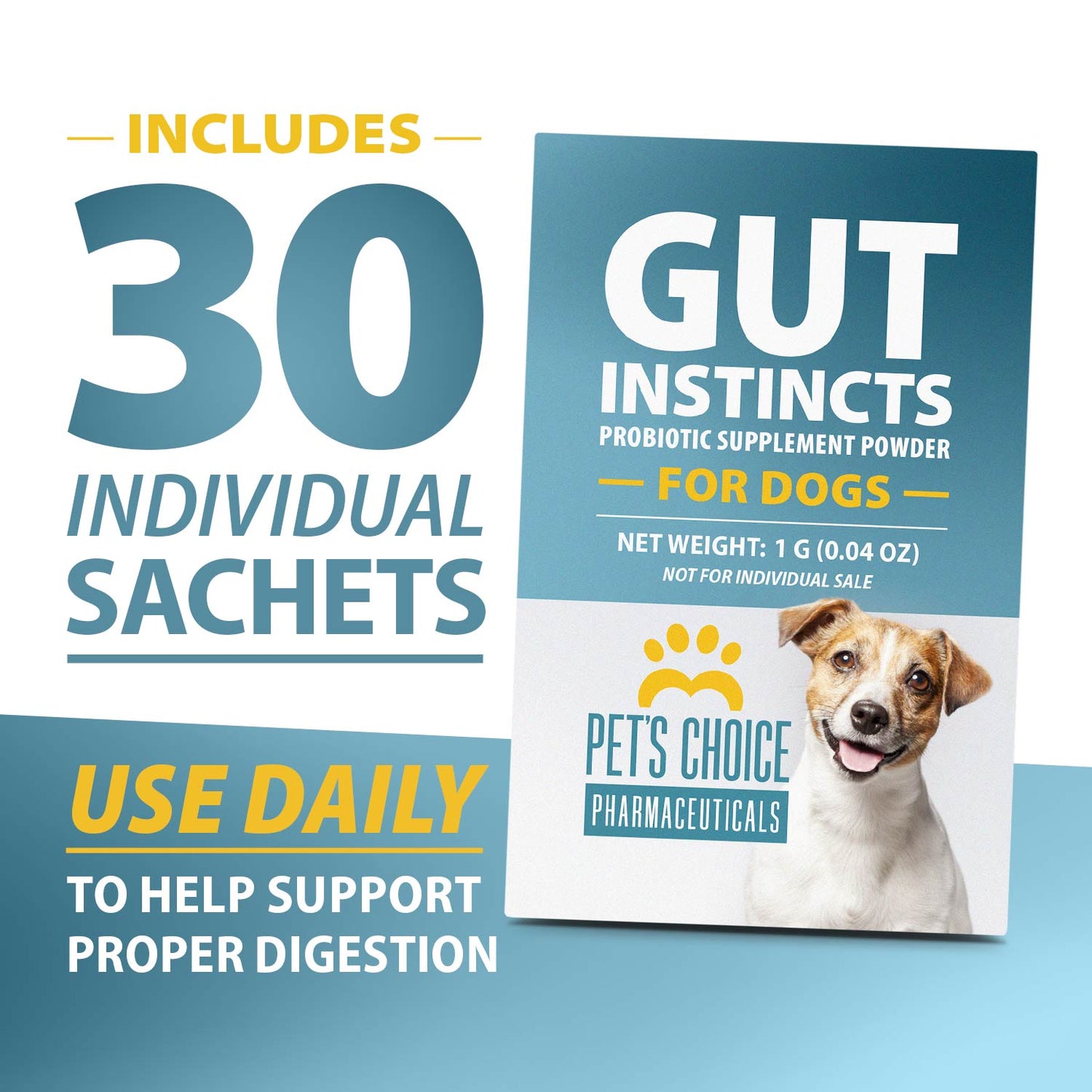 pet's choice gut instincts probiotic supplement powder packets for dogs, 30 ct, veterinary formulated dog probiotics with vitamins for gut health, digestive balance, diarrhea support, chicken flavor
