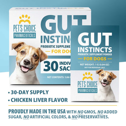 Pet's Choice Gut Instincts Probiotic Supplement Powder Packets for Dogs, 30 ct, Veterinary Formulated Dog Probiotics with Vitamins for Gut Health, Digestive Balance, Diarrhea Support, Chicken Flavor