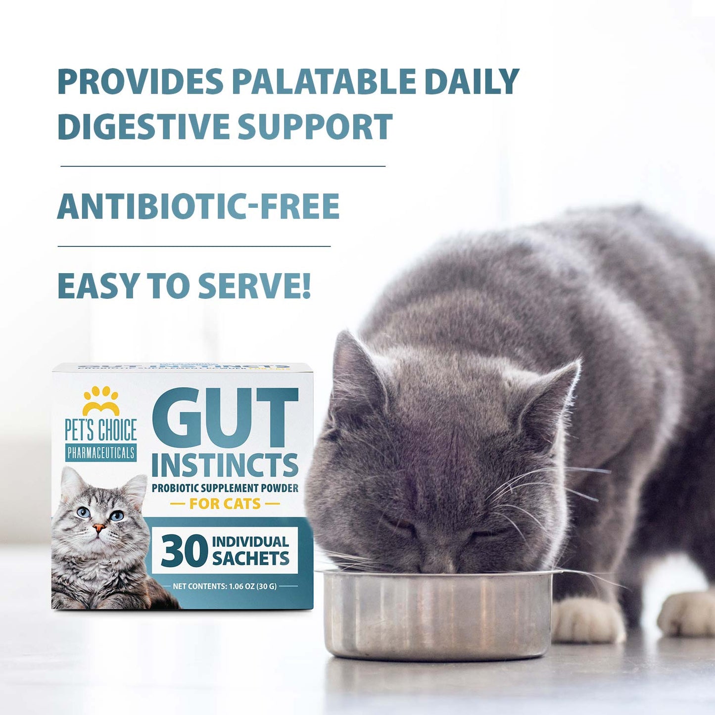 pet's choice gut instincts probiotic supplement powder packets for cats, 30 ct, veterinary formulated cat probiotics with vitamins for gut health, digestive balance, diarrhea support, chicken flavor