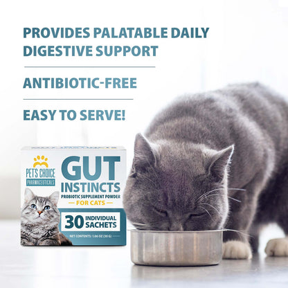 Pet's Choice Gut Instincts Probiotic Supplement Powder Packets for Cats, 30 ct, Veterinary Formulated Cat Probiotics with Vitamins for Gut Health, Digestive Balance, Diarrhea Support, Chicken Flavor