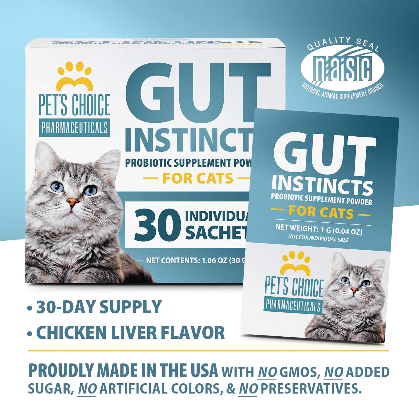 pet's choice gut instincts probiotic supplement powder packets for cats, 30 ct, veterinary formulated cat probiotics with vitamins for gut health, digestive balance, diarrhea support, chicken flavor
