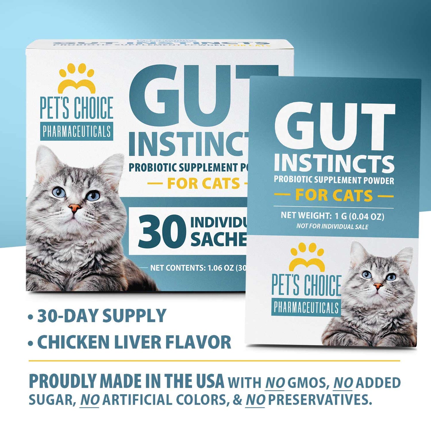 pet's choice gut instincts probiotic supplement powder packets for cats, 30 ct, veterinary formulated cat probiotics with vitamins for gut health, digestive balance, diarrhea support, chicken flavor