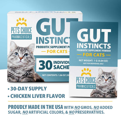 Pet's Choice Gut Instincts Probiotic Supplement Powder Packets for Cats, 30 ct, Veterinary Formulated Cat Probiotics with Vitamins for Gut Health, Digestive Balance, Diarrhea Support, Chicken Flavor