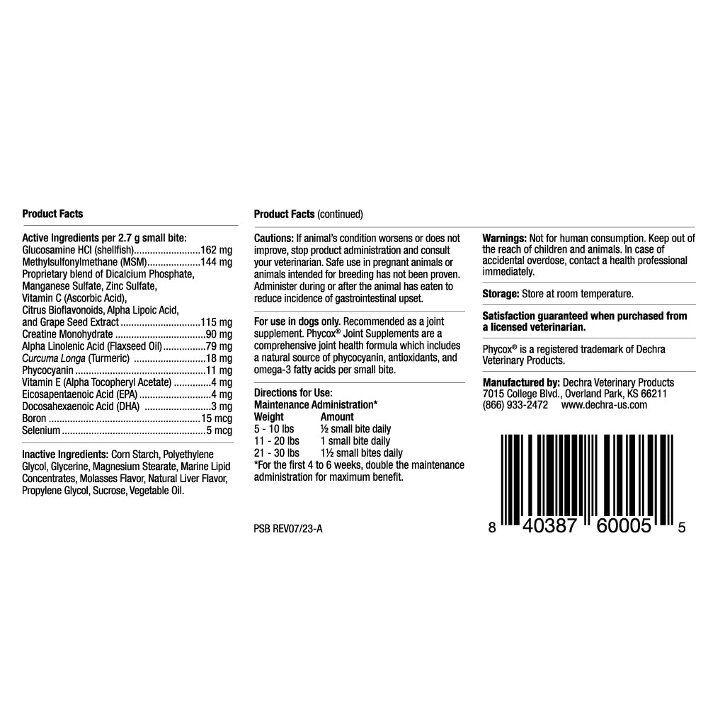 phycox dog joint supplement small bites, 120 ct