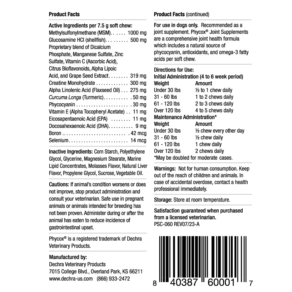 phycox canine joint support soft chews, 60 ct