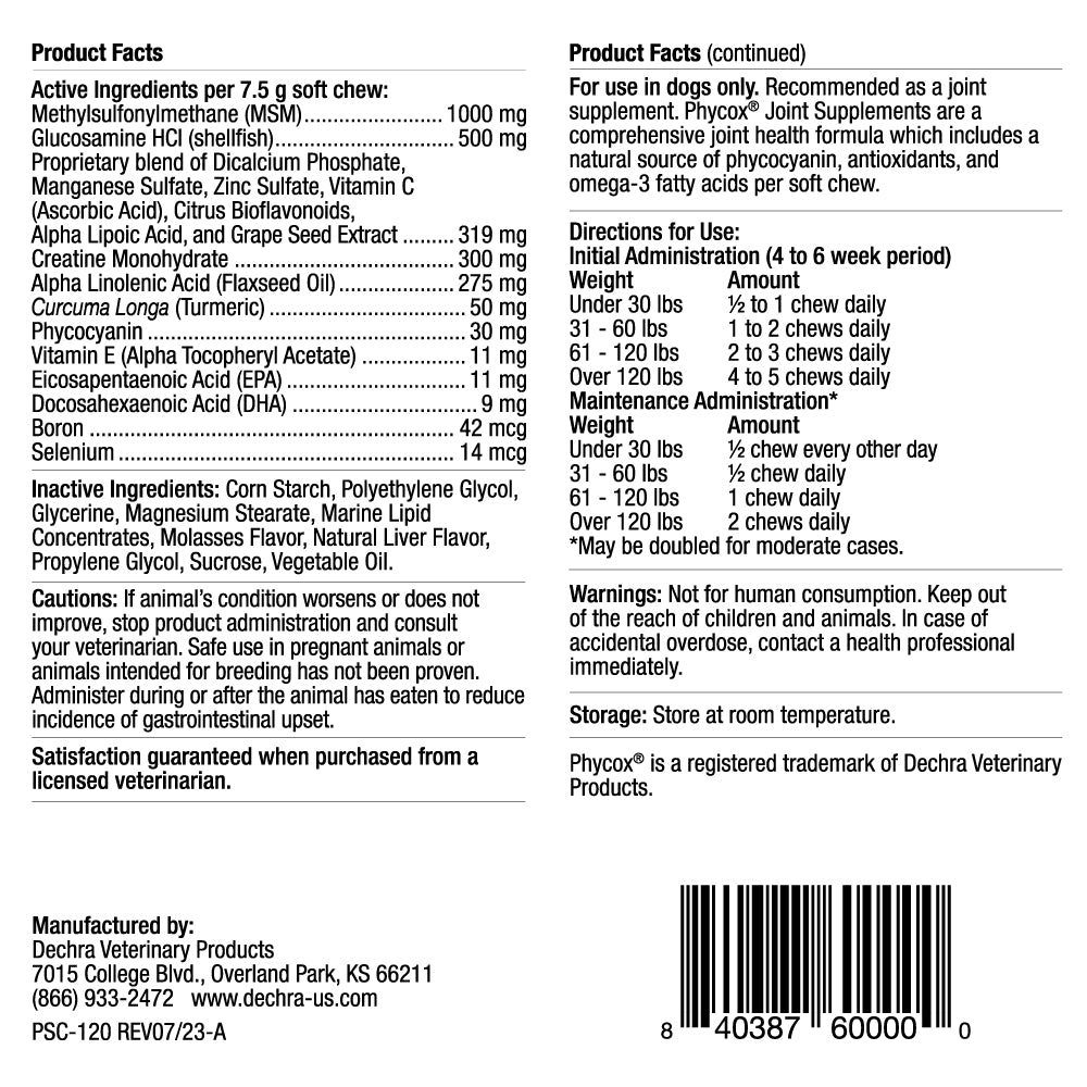 phycox canine joint support soft chews, 120 ct