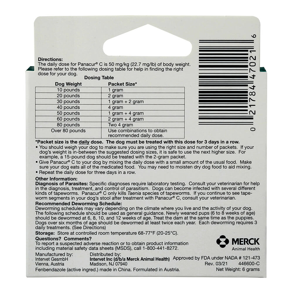 panacur c canine dewormer (fenbendazole granules), 20lbs (green)