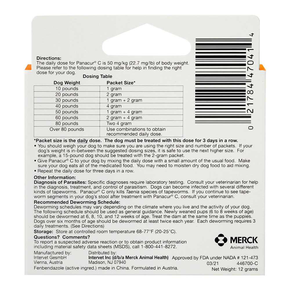 panacur c canine dewormer (fenbendazole granules), 40lbs (orange)