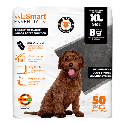 WizSmart Essentials Charcoal XL Training Pads 50 Count – XL Absorbent Puppy & Dog Potty Pads with Odor Control, Leak Resistant Floor Protection, Stay Put Tabs for Crate, Kennel, Indoor Use