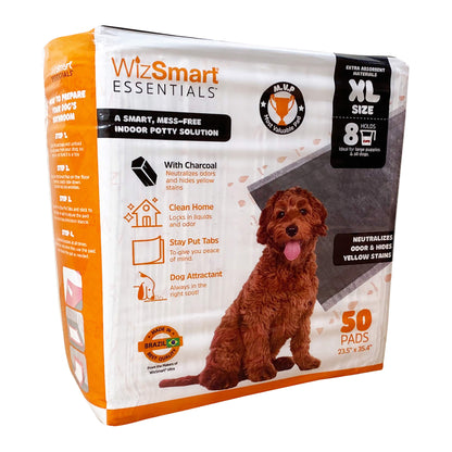 WizSmart Essentials Charcoal XL Training Pads 50 Count – XL Absorbent Puppy & Dog Potty Pads with Odor Control, Leak Resistant Floor Protection, Stay Put Tabs for Crate, Kennel, Indoor Use