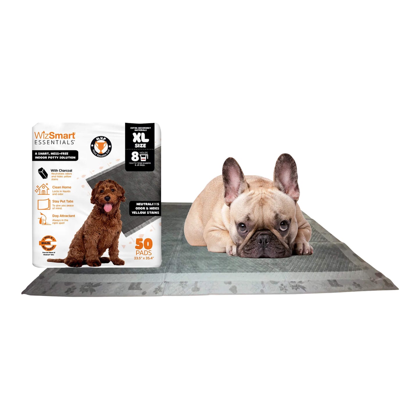 wizsmart essentials charcoal xl training pads 50 count – xl absorbent puppy & dog potty pads with odor control, leak resistant floor protection, stay put tabs for crate, kennel, indoor use