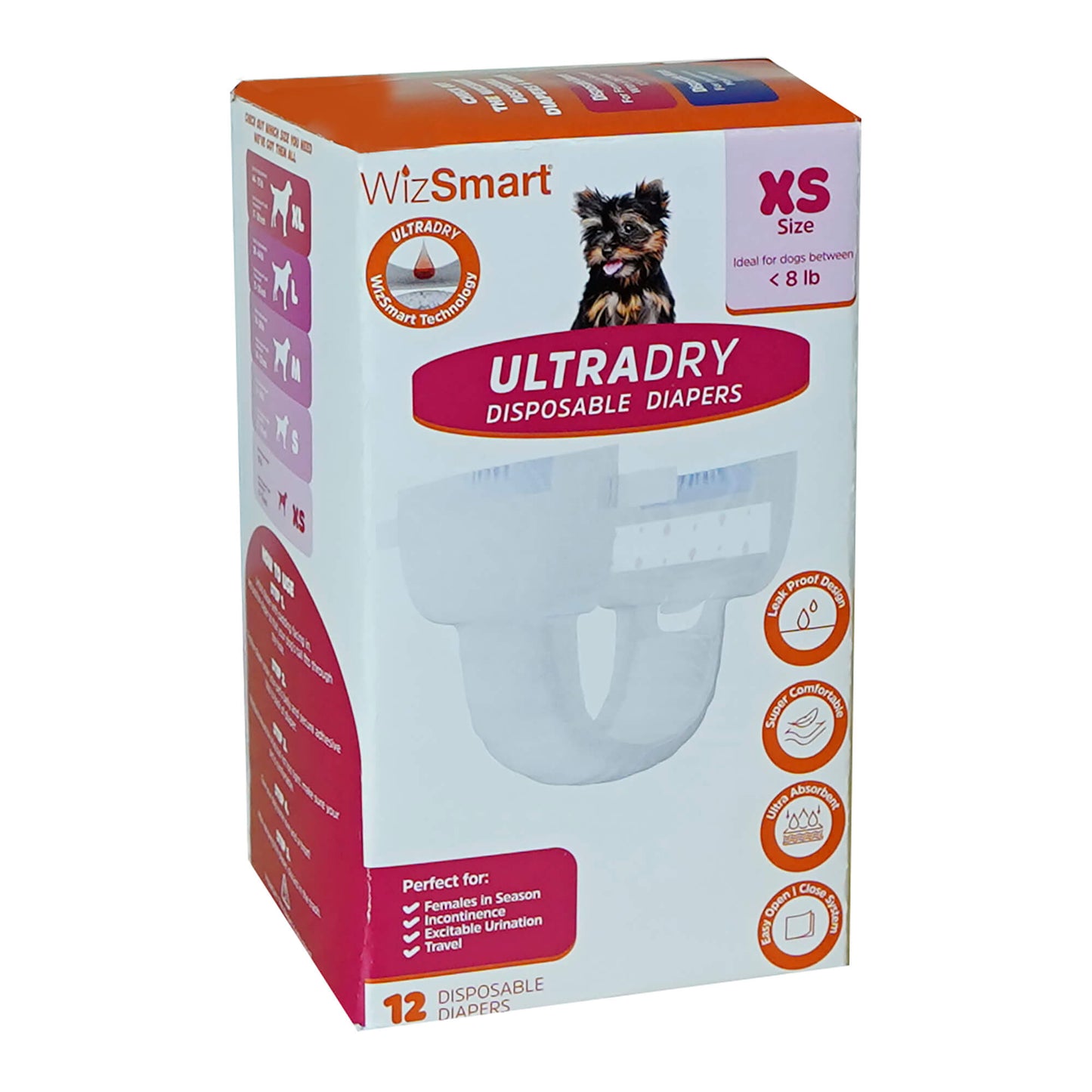 wizsmart ultra dry disposable dog diapers, xs, 12 pack – leak-proof pet diaper with tail hole & adjustable tape tabs, puppy & adult dog, travel, heat cycle, overnight protection