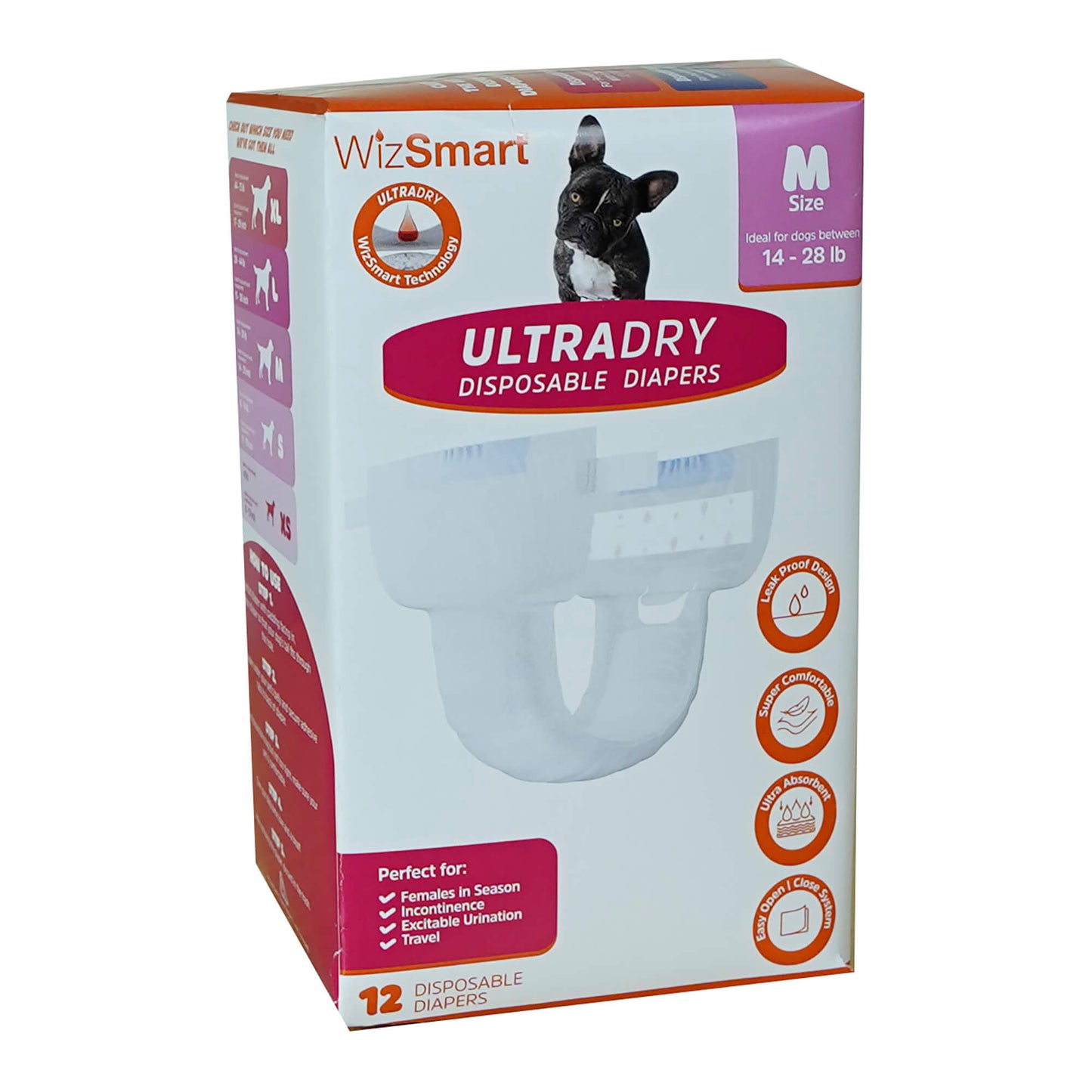 wizsmart ultra dry disposable dog diapers, medium, 12 pack – leak-proof pet diaper with tail hole & adjustable tape tabs, puppy & adult dog, travel, heat cycle, overnight protection