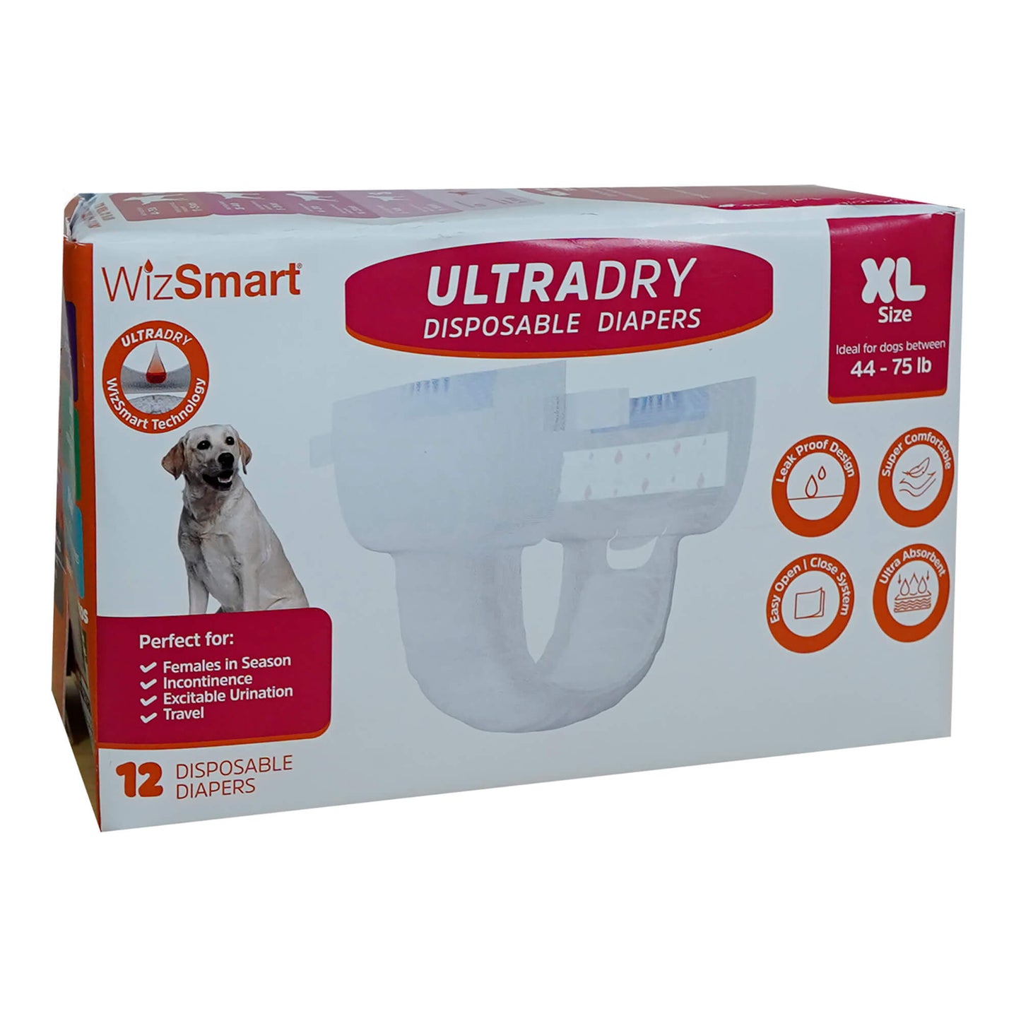 wizsmart ultra dry disposable dog diapers, xl, 12 pack – leak-proof pet diaper with tail hole & adjustable tape tabs, puppy & adult dog, travel, heat cycle, overnight protection